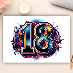 Puede incluir: Ilustración digital vibrante del número 18, con un diseño cósmico en tonos azules, dorados y morados. El número está rodeado de estrellas y espirales, sobre un fondo blanco. Las palabras "Digital product" están en una pegatina negra.