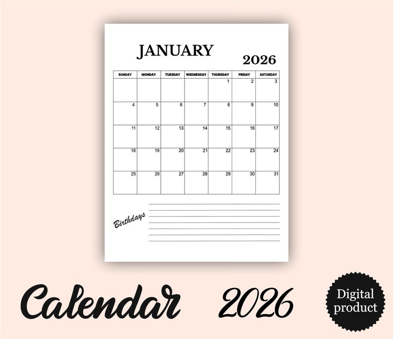 2026 Birthday Calendar Printable Monthly Birthday Tracker A4 US Il S4xs 