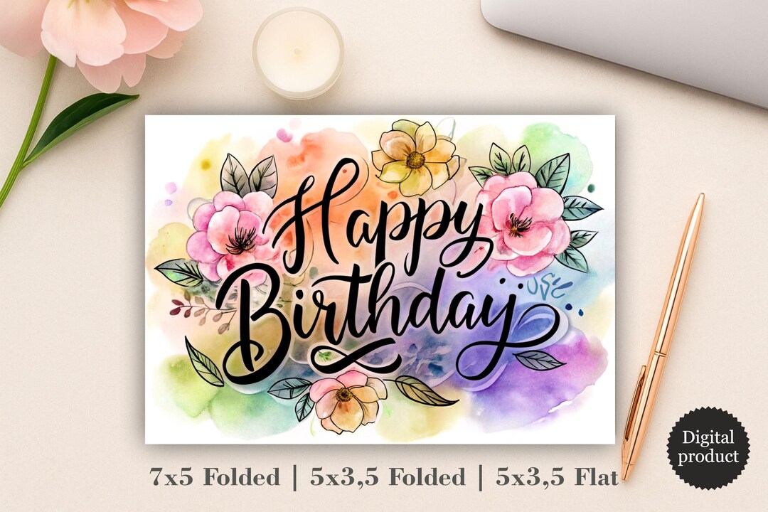 Printable Watercolor Floral Birthday Card for Her Botanical Calligraphy ...