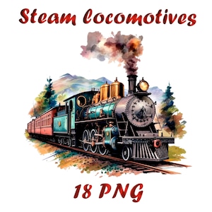 Vintage 20th Century Steam Züge Aquarell Clip Art | 18 PNG Retro Zug Illustrationen