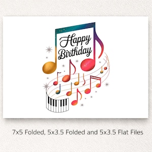Puede incluir: Un diseño de tarjeta de felicitación digital con una nota musical grande y el texto Happy Birthday en letra cursiva negra. El diseño incluye notas musicales coloridas, una sección de teclado de piano y estrellas sobre fondo blanco.