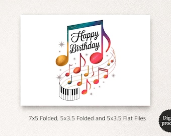 Music Birthday Card with Colorful Notes Piano Keys and Stars