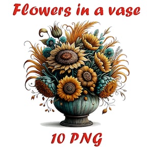 Flowers in a Vase Watercolor Clipart - 10 PNG | Elegant Floral Digital Art Set