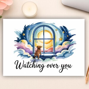 Biglietto digitale commemorativo per animali domestici / Cane della finestra del paradiso che veglia su di te / Arte di simpatia stampabile con acquerello / Regalo di dolore del ponte dell'arcobaleno in formato PDF
