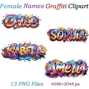 Op de afbeelding: Kleurrijke graffiti-kunst met de namen Chloe, Sophia, Isabela en Amelia. Elke naam is weergegeven in een levendig, gestileerd lettertype met een graffiti-esthetiek, omringd door kleurspatten en artistieke details. De afbeelding is getiteld "Female Names Graffiti Clipart."