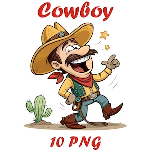 Funny Cowboy Watercolor Clipart Set – 10 PNG Western Rodeo Graphics for Instant Download