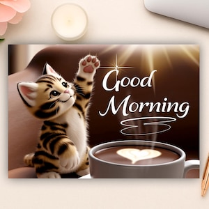 Guten Morgen Karte zum Ausdrucken | Flauschiges Kätzchen und Kaffee | 5x7 & 8.5x11 PDF Digitaler Download