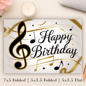Puede incluir: Una tarjeta de cumpleaños con temática musical. La tarjeta presenta una gran clave de sol negra y notas musicales sobre un fondo blanco con detalles dorados. Las palabras "Happy Birthday" están escritas en una elegante escritura. Es un producto digital.