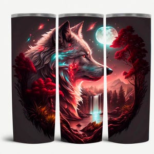 Wolf and Moon in the Forest 20oz Sublimation Tumbler Wrap, Digital PNG Design