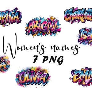 Könnte beinhalten: Sieben bunte digitale Illustrationen von Frauennamen im Graffiti-Stil. Die Namen sind Sophia, Abigail, Charlotte, Isabella, Mia, Olivia und Emma. Frauennamen 7 PNG.