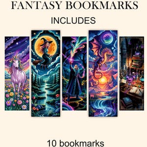 Zakładki fantasy – zestaw 10 cyfrowych zakładek dla czytelników, pakiet do druku w formacie PNG JPG PDF, prezent dla miłośnika książek, natychmiastowe pobranie