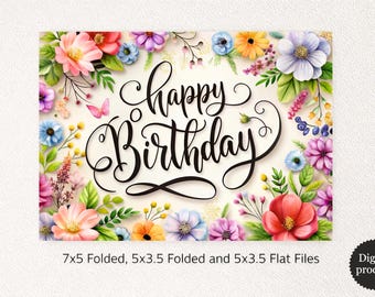 May include: A floral "Happy Birthday" card with a white background. The card is surrounded by colorful flowers in shades of pink, red, blue, purple, and yellow. A pink butterfly is also visible. The text "Happy Birthday" is written in elegant cursive.