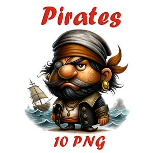 Clipart de acuarela de piratas - 10 PNG / Tema pirata pintado para niños y manualidades