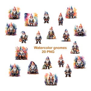 Set of illustrations of watercolor cute gnomes/Watercolor gnomes clipart/Gnomes 20 PNG files/Digital download