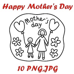 Clipart di auguri per la festa della mamma - Set in bianco e nero / 10 file PNG e JPG per progetti fai da te