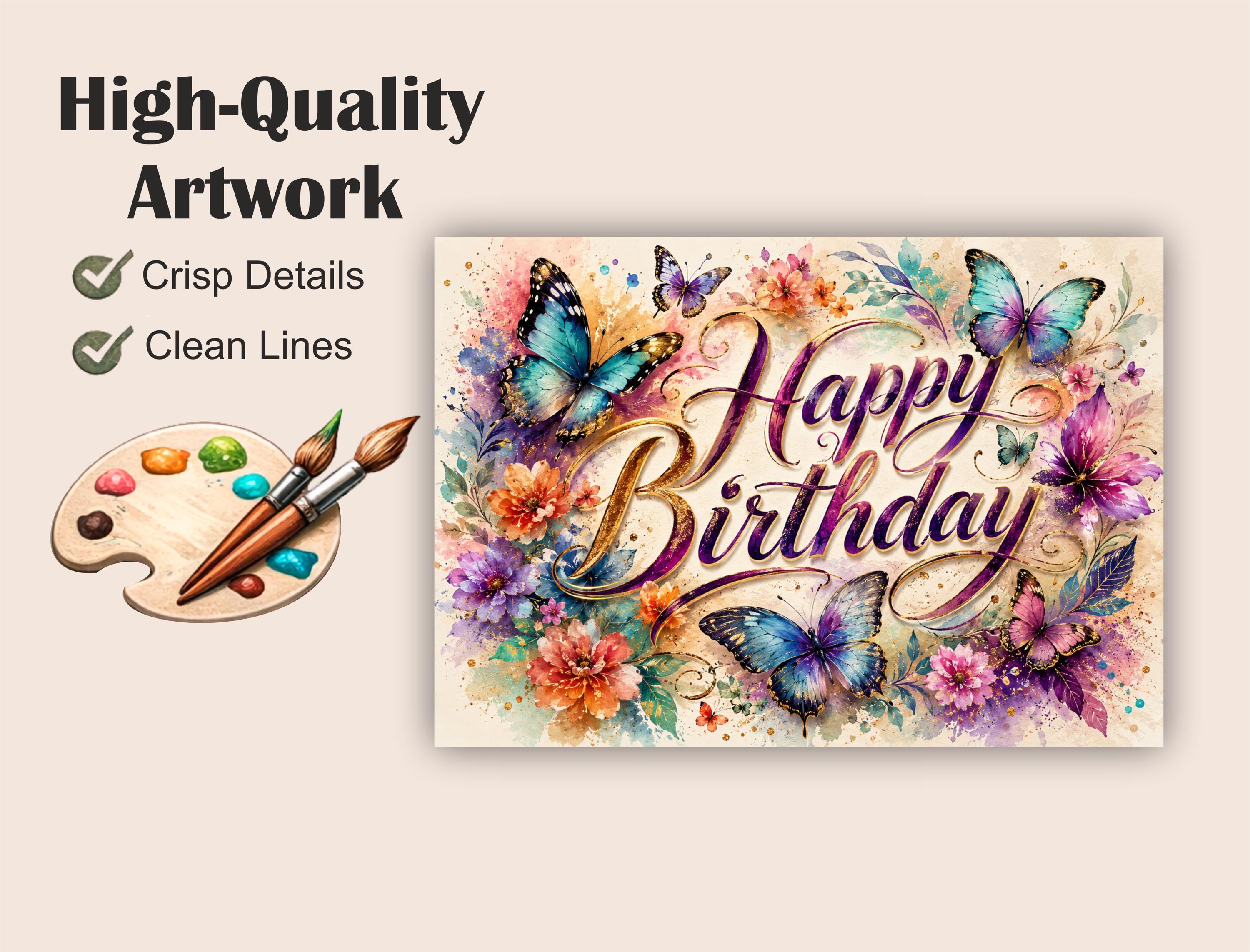 Butterfly Birthday Card With Watercolor Flowers and Gold Calligraphy ...