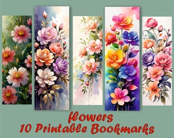 Watercolor Flower Bookmarks Printable Set of 10 - Floral Book Lover Gift, Digital Download