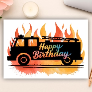 Happy Birthday Firefighter Digital Card | Printable Fire Truck & Flame Greeting | Fireman Birthday Gift | Instant Download PDF