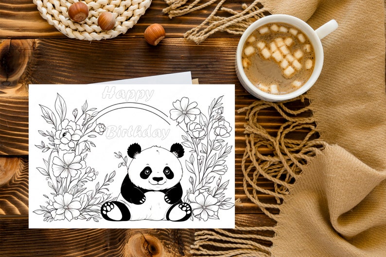 Happy Birthday Coloring Page Panda Card/digital Download/panda Bear