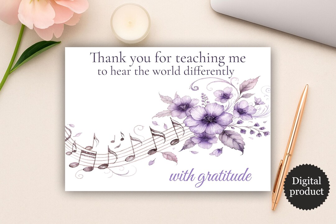 Music Teacher Thank You Printable Card, Floral Notes Appreciation Gift ...
