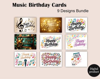 Music Birthday Card Bundle | Happy Birthday Greeting Set of 9, Printable Digital PDF