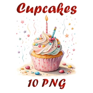 Watercolor Birthday Cupcake Clipart: Party Dessert PNG Graphics (10 Files)