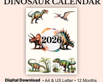 2026年恐竜カレンダー（横向き印刷可能、A4サイズとUSレターサイズ