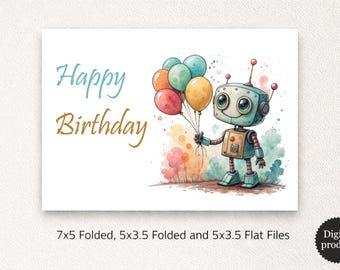 Puede incluir: Una tarjeta de felicitación rectangular con una ilustración en acuarela de un pequeño robot azul claro que sostiene un grupo de globos coloridos. El texto "Happy Birthday" está impreso en el lado izquierdo en letra azul y dorada sobre fondo blanco.