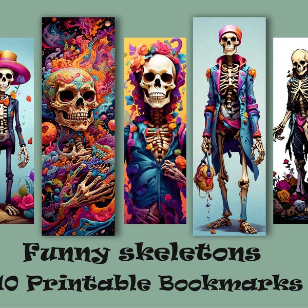 10 Colorful Fun Skeleton Printable Bookmarks/JPG Bookmark Sheets Digital Download, Bookmark Sublimation PNG/Printable andCuttingBookmark Set