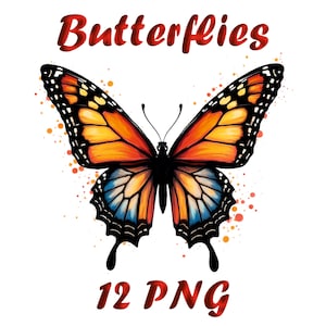 Beautiful Colorful Butterflies Watercolor Clip Art - 12 PNG Digital Butterfly Graphics