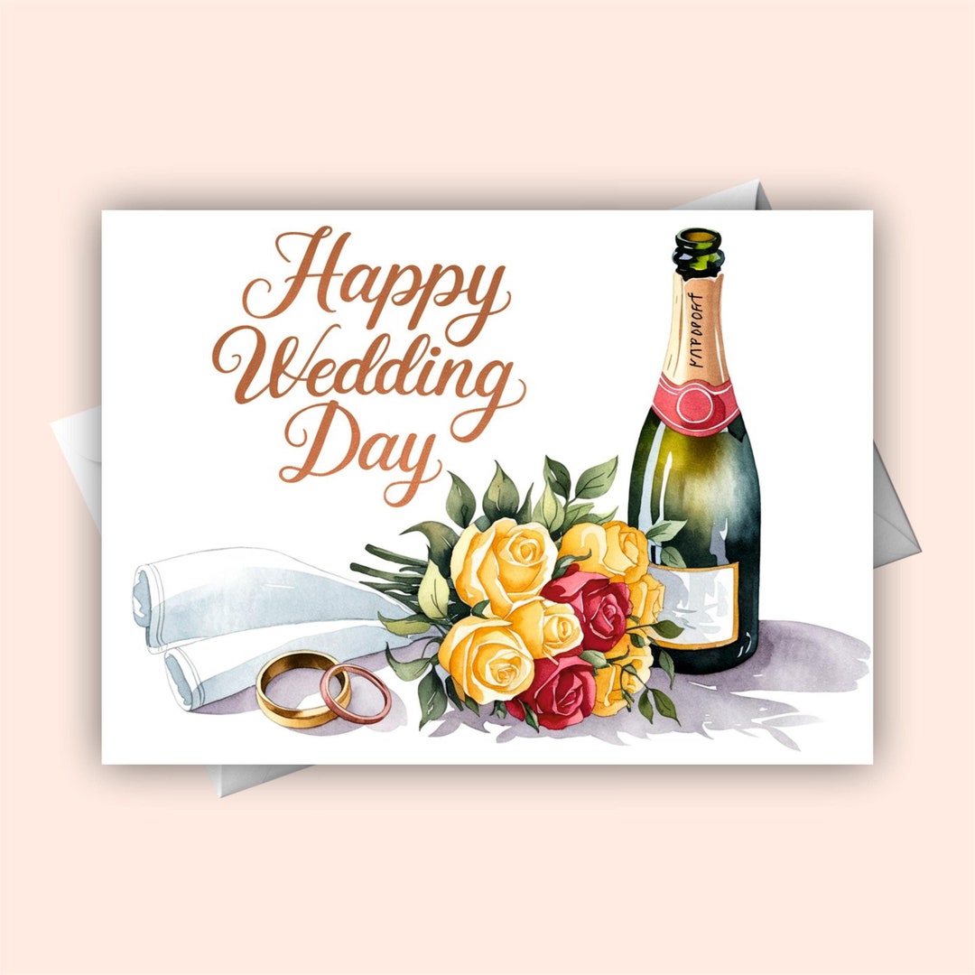 Happy Wedding Day Card | Watercolor Bouquet, Champagne and Rings ...