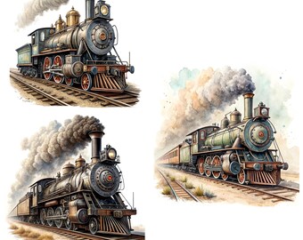 蒸気機関車の水彩画クリップアート | ビンテージ列車 21 JPG | 鉄道