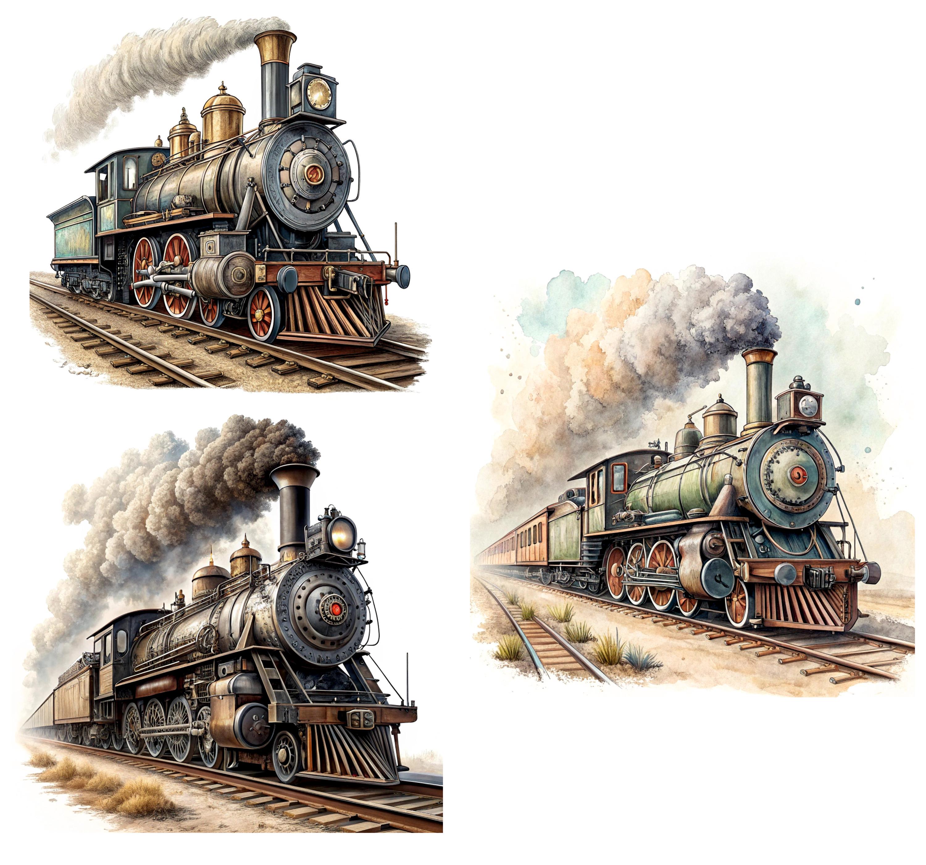 蒸気機関車の水彩画クリップアート | ビンテージ列車 21 JPG | 鉄道