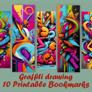May include: Ten printable bookmarks featuring colorful abstract graffiti designs. The bookmarks are vertical and have a variety of bright colors, including pink, blue, green, yellow, and orange.