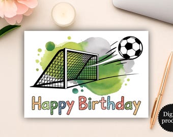 Afdrukbare voetbalverjaardagskaart, voetbalthema digitale kindergroet, Happy Boy direct download