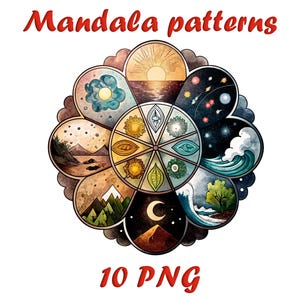 Mandala patronen aquarel illustraties | 10 spirituele boho-kunst in png-stijl voor ambachten en design