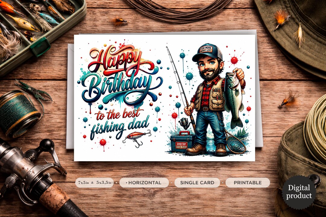 Fishing Dad Birthday Card With Cartoon Fisherman and Paint Splash ...