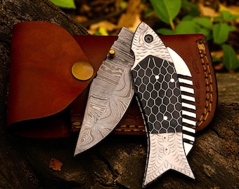 Hand Engraved Fish Damascus Steel Folding Knife | Unique Gift