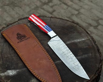 Handmade Damascus Chef Knife | American Flag Resin Handle, Leather Sheath