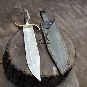 Handmade Damascus Steel Bowie Knife with Antler Handle & Leather Sheath – 17.15&quot; Custom Collectible Hunting Gift