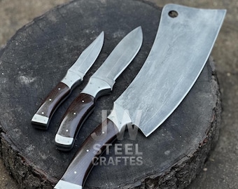 Custom Handmade Knife Set | Hunting Knife, Skinner Knife & Cleaver | High Carbon Steel, Rosewood Handle, Outdoor and Kitchen Use