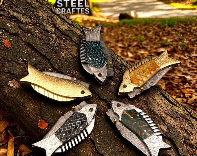 Handmade Damascus Folding Knife – Fish Shape Pocket Knife with Brass & Resin Handle – Unique Collectible Gift for Men, Fishing Lovers