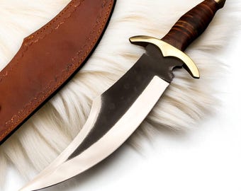 Hand Forged High Carbon Steel Bowie Knife – Leather Handle with Brass Guard & Sheath