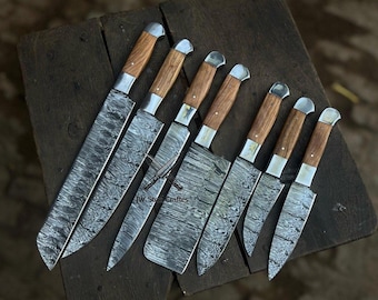 handmade Damascus chef knife – olive wood handle | custom kitchen knife with leather sheath gift