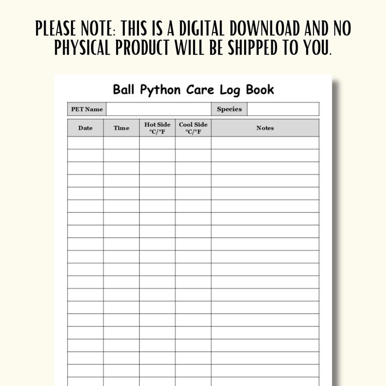 Ball Python Care Tracker: Reptile Health and Feeding Planner (PDF/PNG ...
