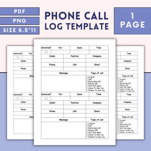 Op de afbeelding: Een printbare telefoonlogboek sjabloon met kolommen voor datum, tijd, beller, bedrijf, functie, telefoonnummer, e-mail, bericht en type gesprek. De sjabloon is ontworpen voor een standaard vel papier van 8,5 x 11 inch.