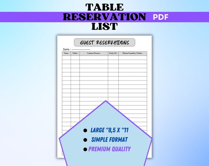 Printable Restaurant Table Reservation List (PDF & PNG) - Etsy