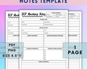 IEP-Besprechungsnotizen Vorlage | Bearbeitbarer Schulplaner | Lehrer-Eltern-Organizer | IEP Checkliste | Case-Manager-Tool