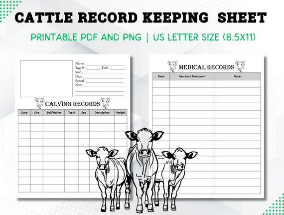 Cattle Record Keeping Sheet: Calving & Medical Records (PDF, PNG)