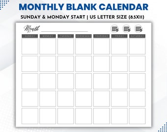 Monatlicher Leerer Kalender zum Ausdrucken - Montag & Sonntag beginnt - Kalender Arbeitsblätter - Kalender zum Ausdrucken